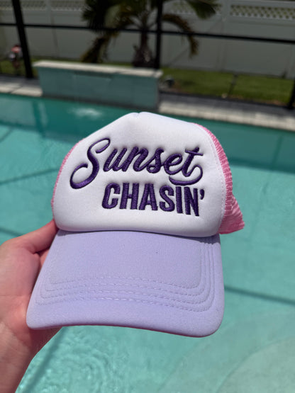 Sunset Chasin’ Embroidered Pink & White Trucker Hat
