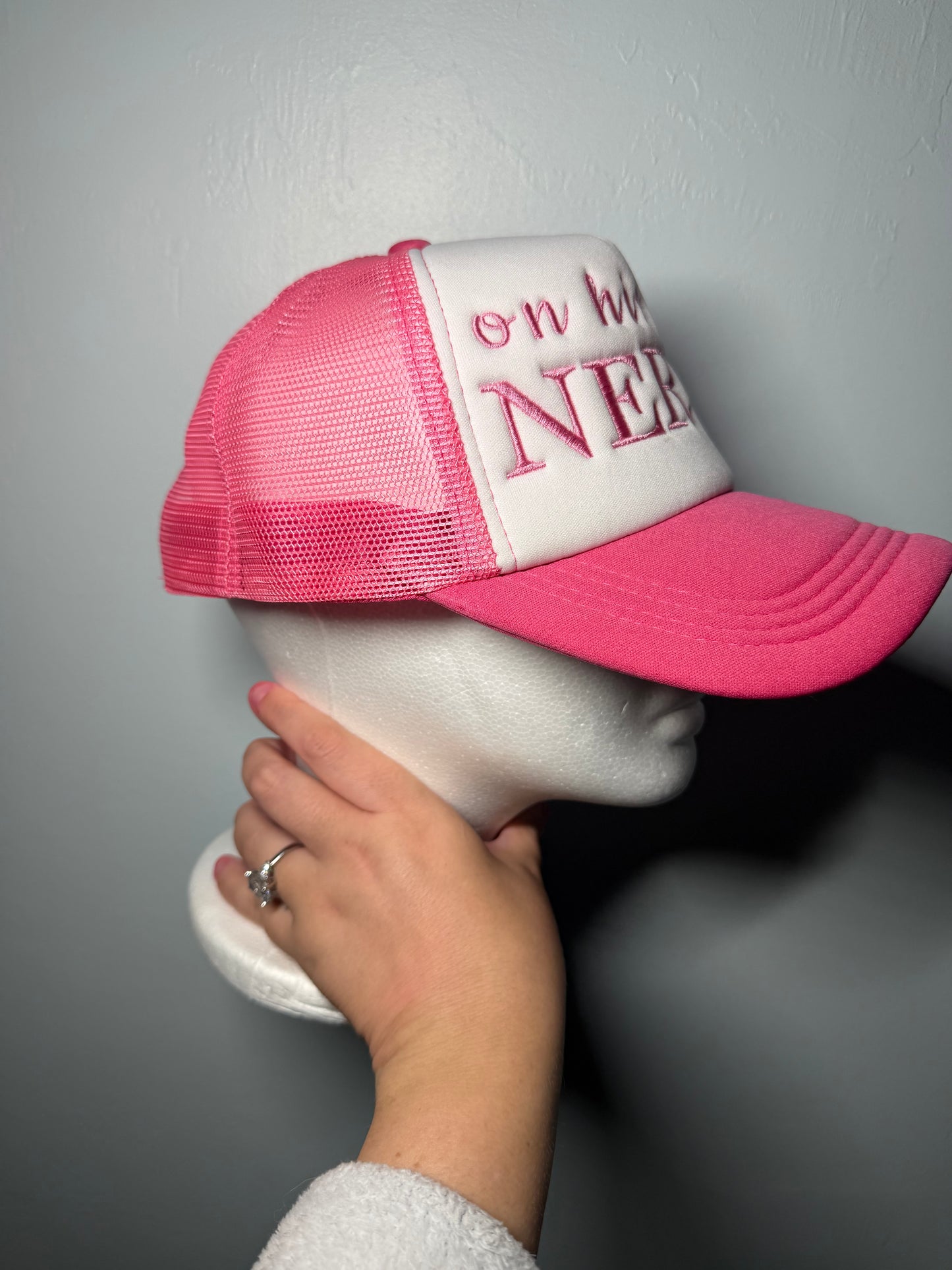 On His Last Nerve Embroidered Hat | Funny Wife Hat | Pink Trucker Hat | Sassy Hat