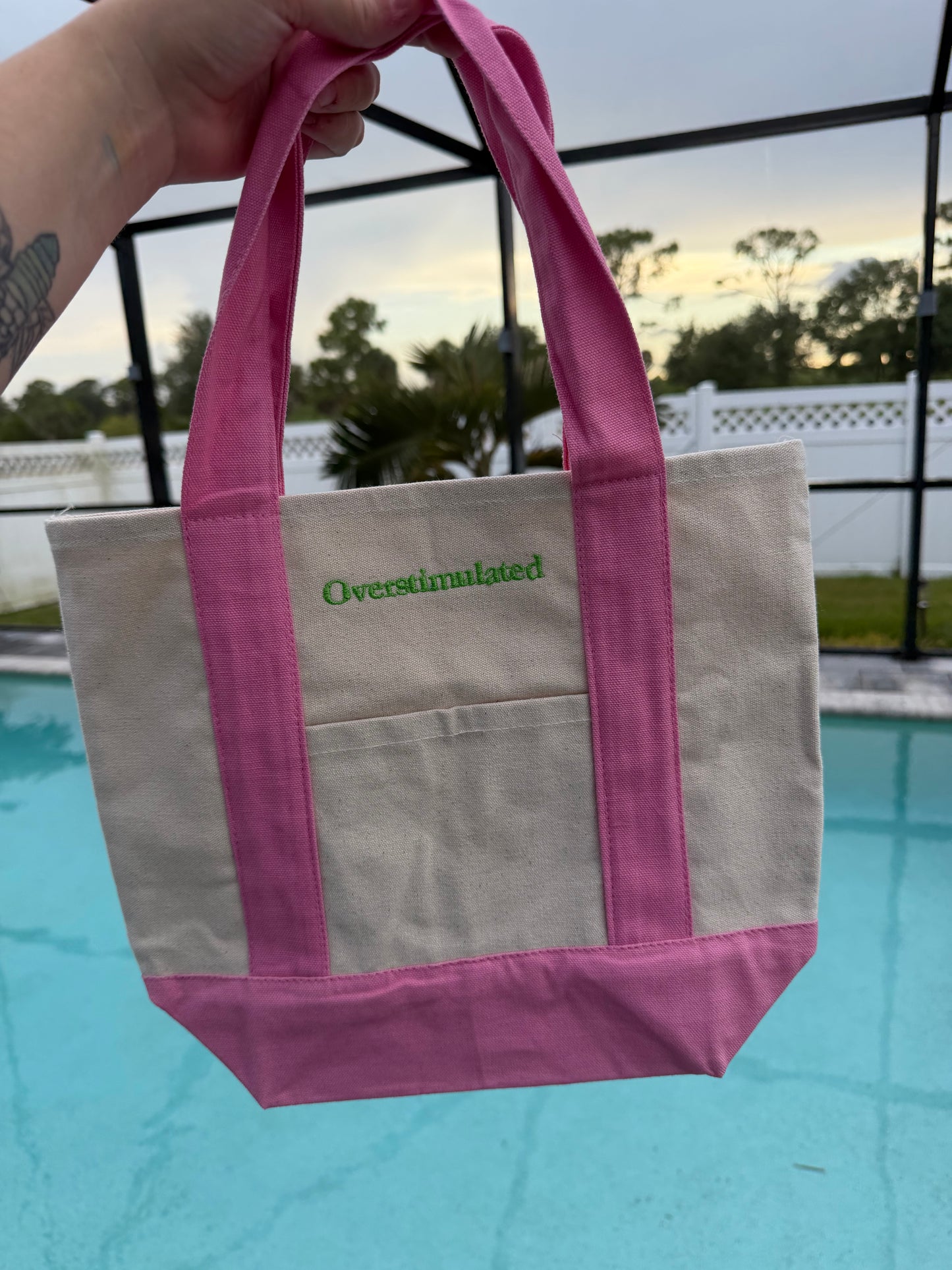 Overstimulated Embroidered Tote Bag | Mental Health Tote | Minimalist Canvas Tote