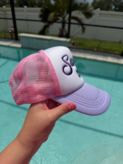 Sunset Chasin’ Embroidered Pink & White Trucker Hat