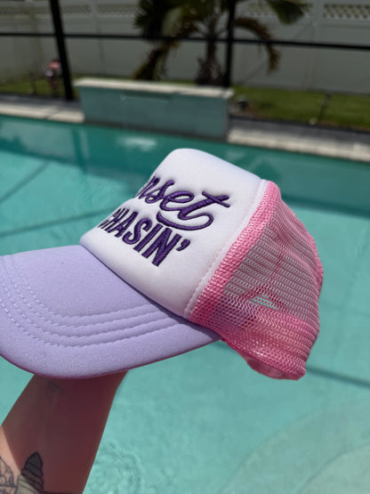 Sunset Chasin’ Embroidered Pink & White Trucker Hat