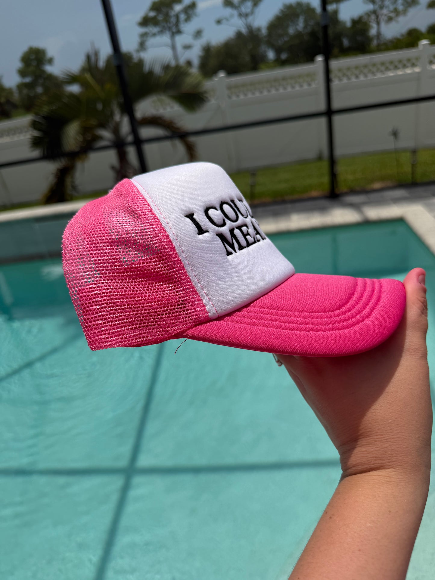 Could Be Meaner Embroidered Trucker Hat | Funny Pink Snapback Hat