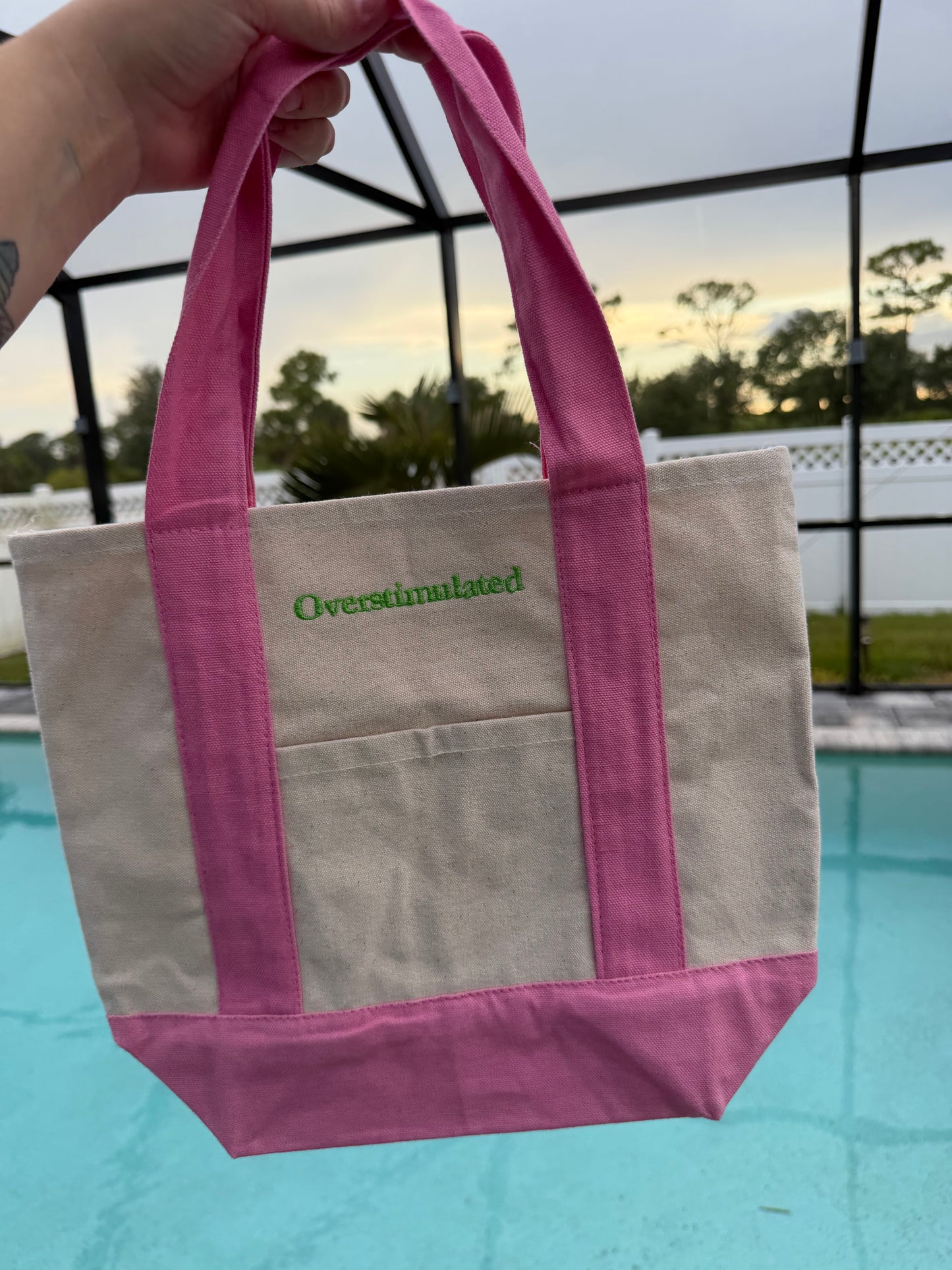 Overstimulated Embroidered Tote Bag | Mental Health Tote | Minimalist Canvas Tote