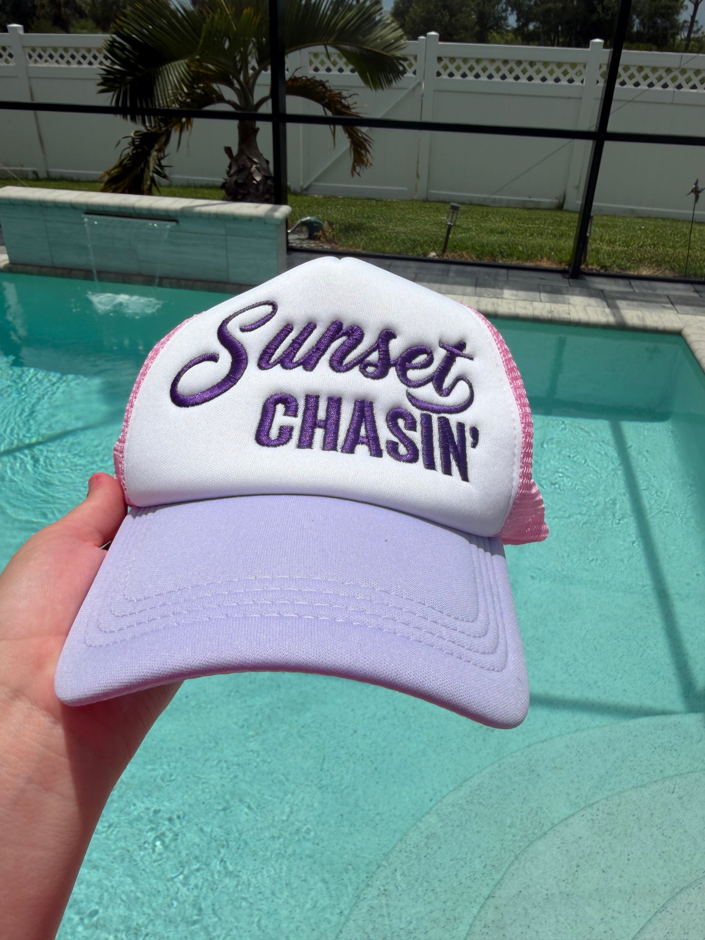 Sunset Chasin’ Embroidered Pink & White Trucker Hat