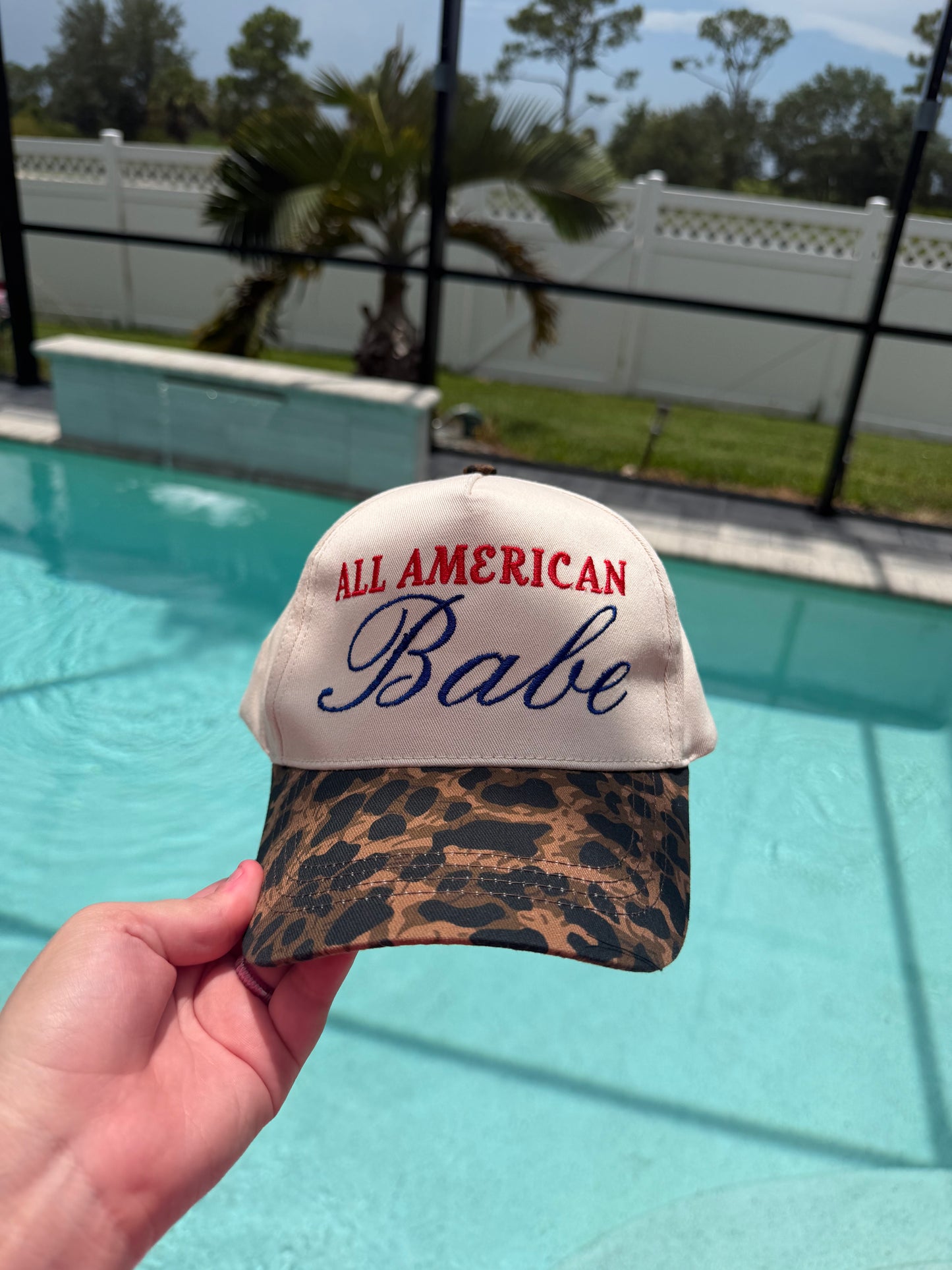 All American Babe Embroidered Leopard Trucker Hat | Vintage Patriotic Baseball Cap