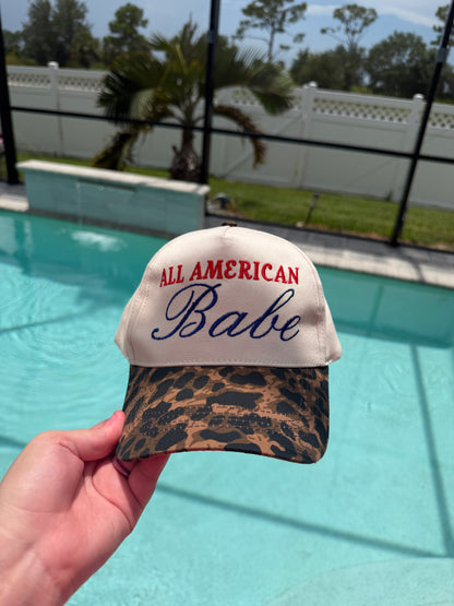 All American Babe Embroidered Leopard Trucker Hat | Vintage Patriotic Baseball Cap
