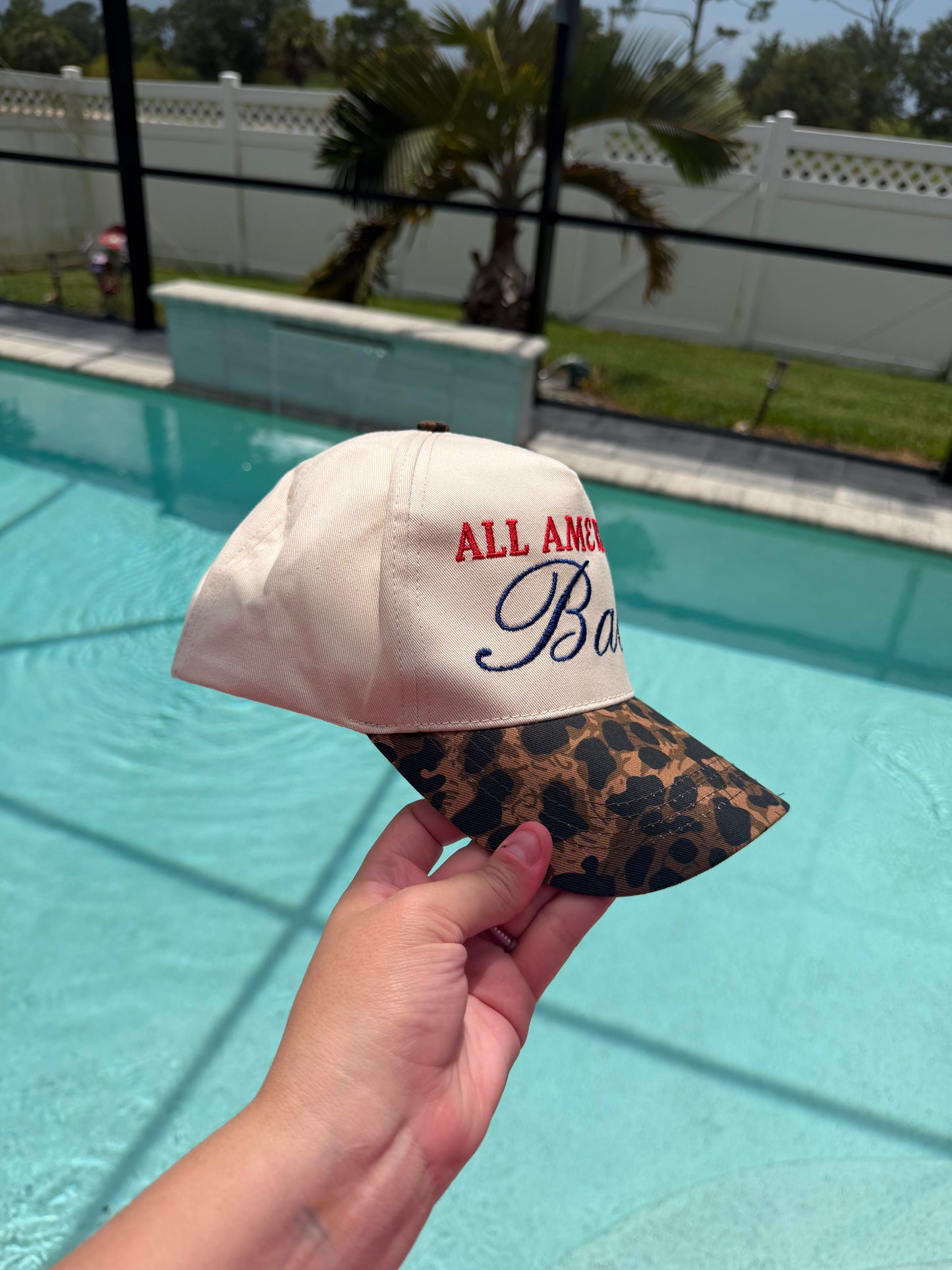 All American Babe Embroidered Leopard Trucker Hat | Vintage Patriotic Baseball Cap