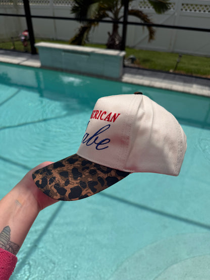 All American Babe Embroidered Leopard Trucker Hat | Vintage Patriotic Baseball Cap