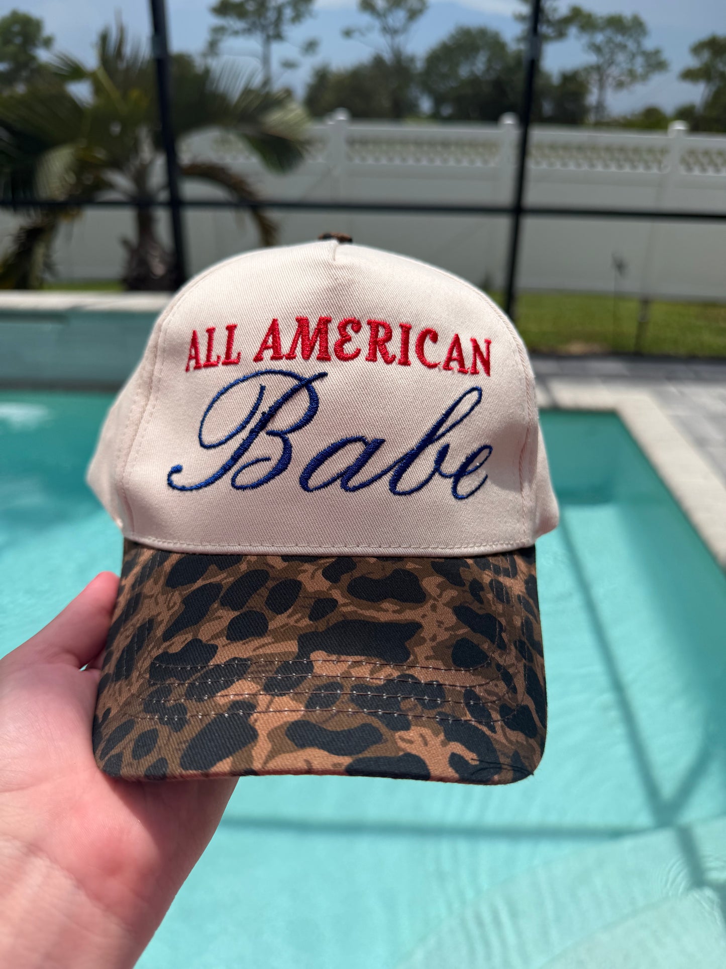 All American Babe Embroidered Leopard Trucker Hat | Vintage Patriotic Baseball Cap