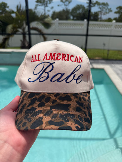 All American Babe Embroidered Leopard Trucker Hat | Vintage Patriotic Baseball Cap